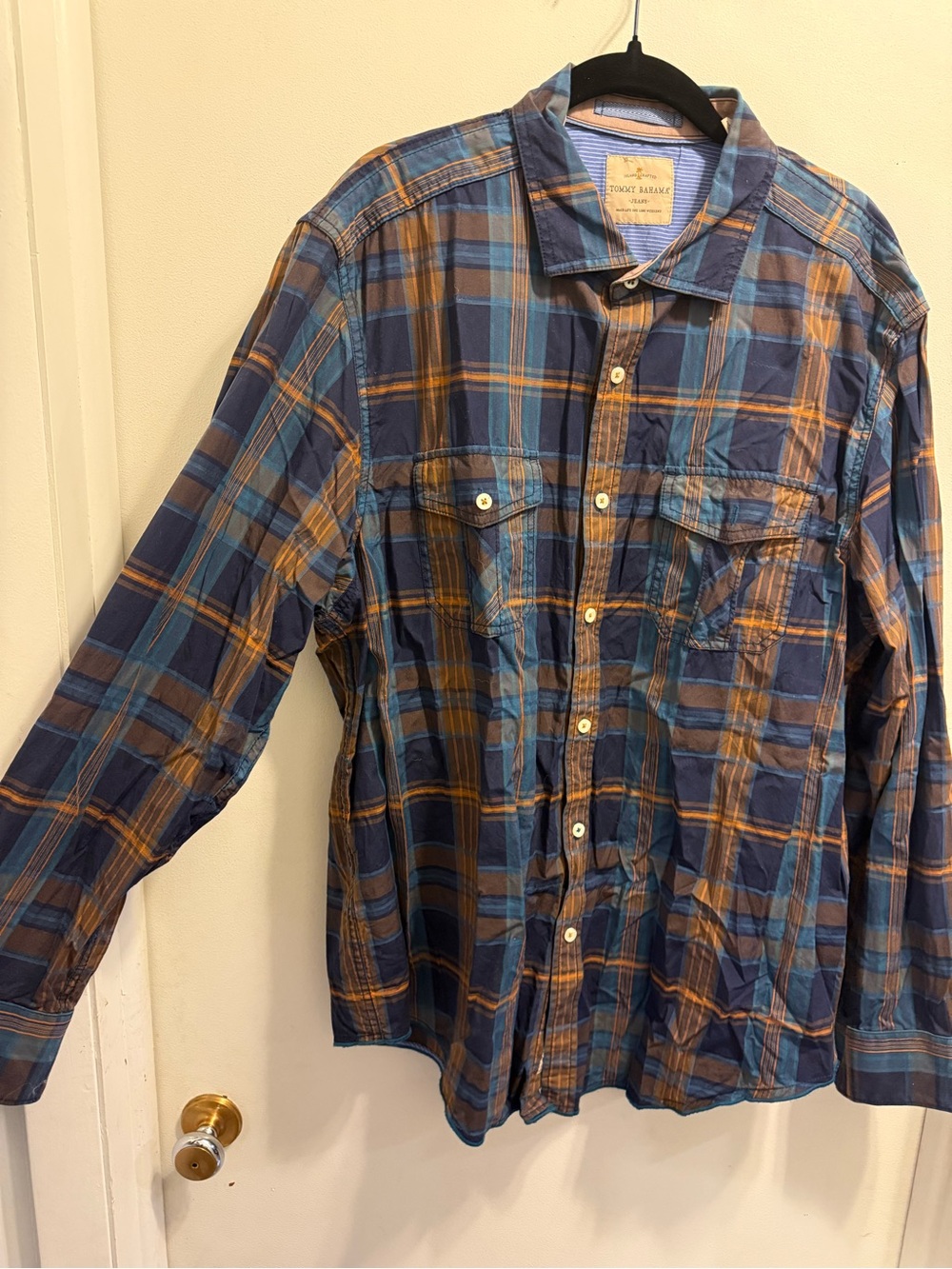Tommy Bahama Blue and Brown Plaid Casual Button-Down Shirt